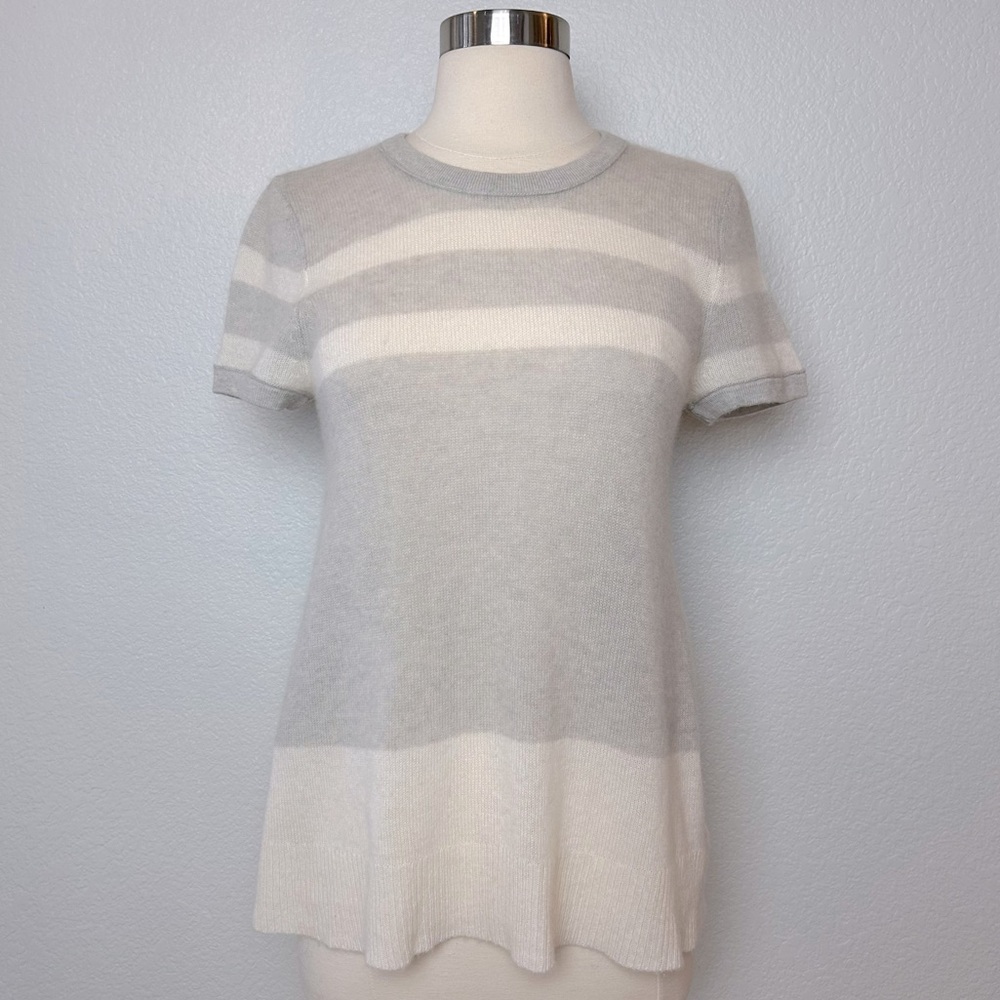 James Perse Cashmere Sweater Women's Size 1 Ivory/Gray Striped Short Sleeve Top